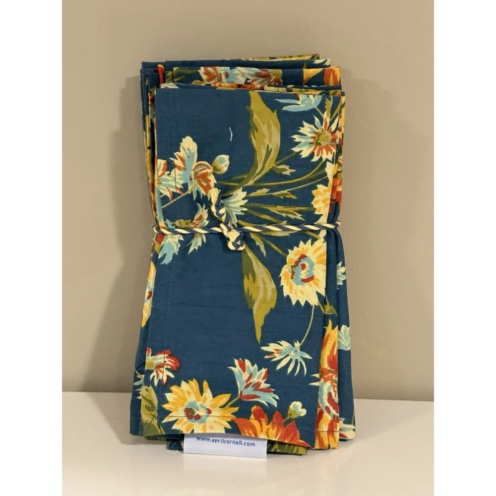 APRIL‎ CORNELL - WILDFLOWERS COTTON NAPKINS - SET OF 12 - TEAL ORANGE GOLD - NEW